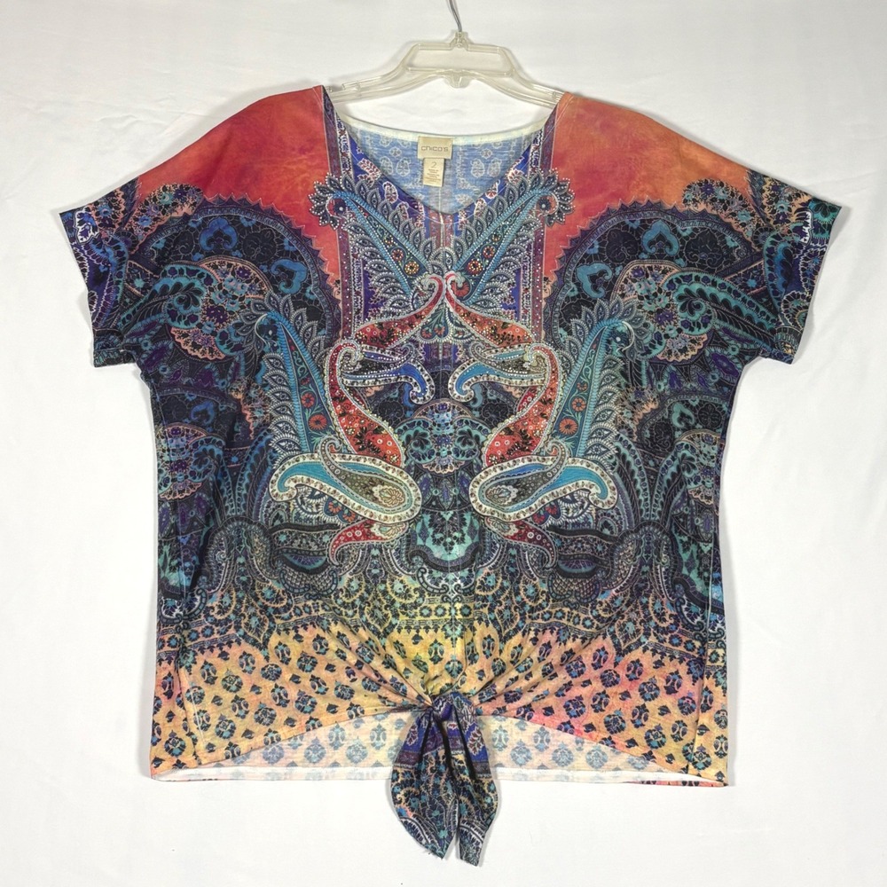 Chico's Size 2 Colorful Paisley Top Tie Front Boho Short Sleeve Blouse